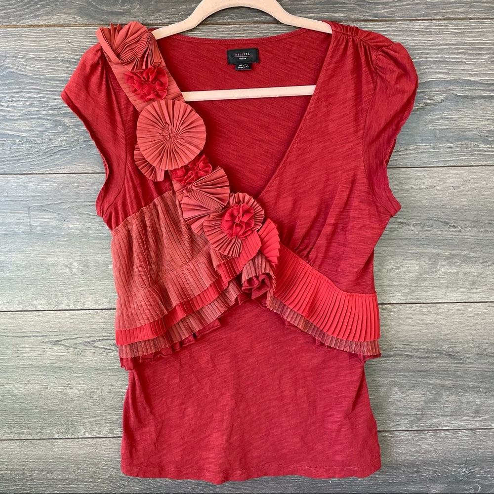 DELETTA | Anthro Floral Pleated Ruffle Layered Top